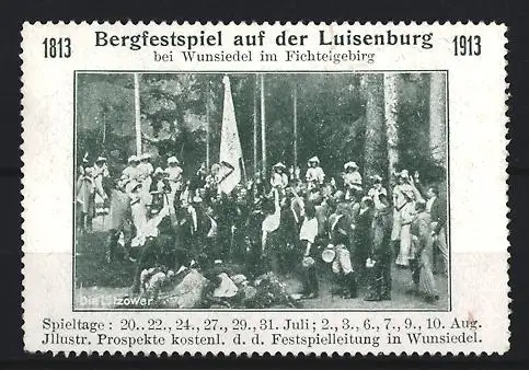 Reklamemarke Wunsiedel, Bergfestspiel auf der Luisenburg 1813-1913, Theaterszene im Fichtelgebirge