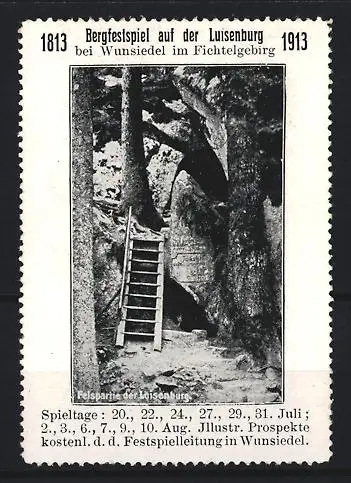 Reklamemarke Wunsiedel, Bergfestspiel auf der Luisenburg 1813-1913, Felsenpfad der Luisenburg