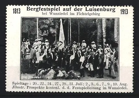 Reklamemarke Wunsiedel, Bergfestspiel auf der Luisenburg 1813-1913, Festspielszenen im Wald