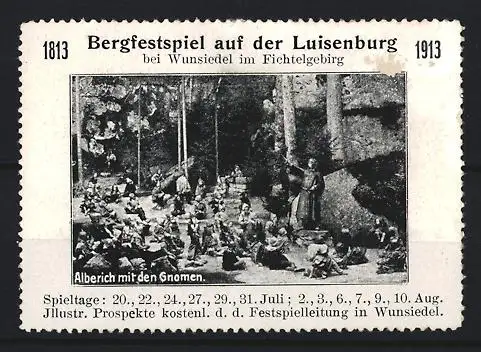 Reklamemarke Wunsiedel, Bergfestspiel auf der Luisenburg 1813-1913, Szene mit Alberich und Gnomen