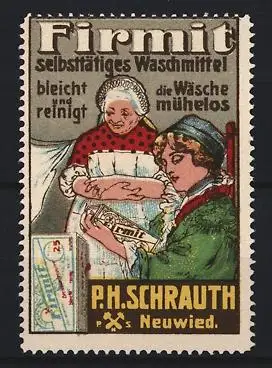 Reklamemarke Neuwied, P.H. Schrauth, Firmit, Waschmittel, zwei Frauen mit Waschmittelpackung