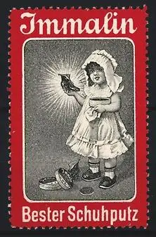 Reklamemarke Immalin, Schuhputz, Kind mit Schuh und Bürste