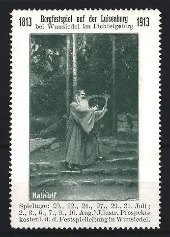 Reklamemarke Wunsiedel, Bergfestspiel auf der Luisenburg 1913, Hainulf mit Harfe
