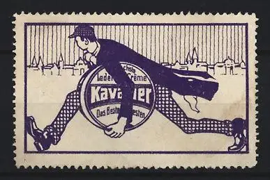 Reklamemarke Lederfett-Crème Kavalier, Laufender Mann mit Dose