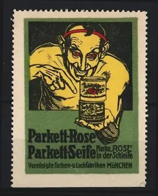 Reklamemarke München, Vereinigte Farben- u. Lackfabriken, Parkett Seife Marke Rose, Teufelsfigur