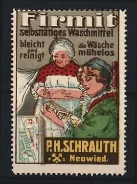 Reklamemarke Neuwied, P.H. Schrauth, Firmit Waschmittel, zwei Frauen beim Waschen