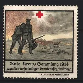 Reklamemarke Aschersleben, Rote Kreuz-Sammlung 1914, Soldaten im Kriegsfeld