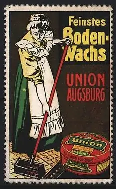 Reklamemarke Augsburg, Union Augsburg, Bodenwachs, Frau beim Wachsen
