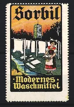 Reklamemarke Sorbil, Waschmittel, Frau mit Wäscheleine