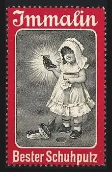 Reklamemarke Immalin, Schuhputzmittel, Kind mit Stiefel, rot