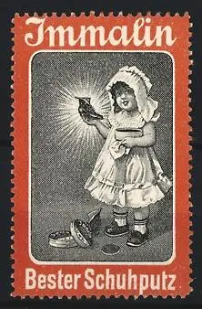 Reklamemarke Immalin, Schuhputzmittel, Kind mit Stiefel, orange