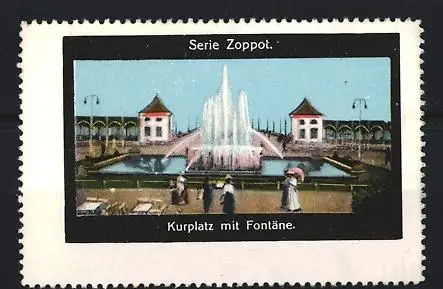 Reklamemarke Zoppot, Kurplatz mit Fontäne, Brunnenansicht