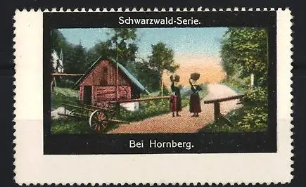 Reklamemarke Schwarzwald, Bei Hornberg, Landschaft mit Haus und Personen