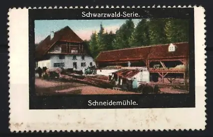 Reklamemarke Schwarzwald-Serie, Schneidemühle, Mühle und Gebäude im Wald