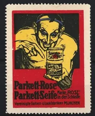 Reklamemarke München, Vereinigte Farben- u. Lackfabriken, Parkett-Rose Parkettseife, Teufelsfigur mit Seifendose