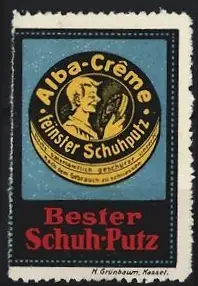 Reklamemarke Alba-Crème, Schuhputzcreme, Mann mit Dose