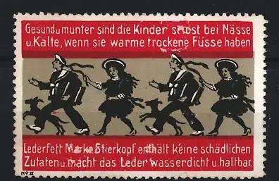 Reklamemarke Lederfett Marke Stierkopf, Kinder mit Hunden