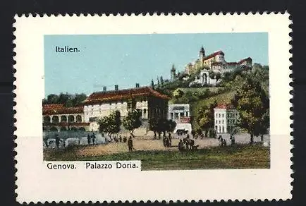 Reklamemarke Genova, Palazzo Doria, Landschaft mit Gebäuden und Hügeln