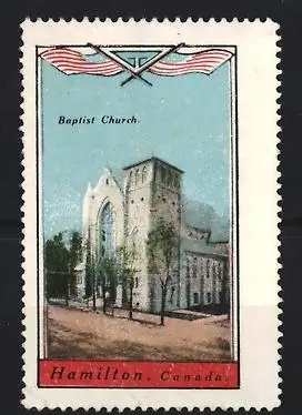 Reklamemarke Hamilton, Baptist Church, Kirche mit Türmen