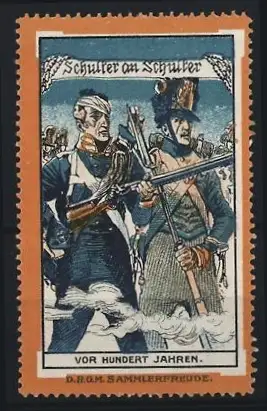 Reklamemarke Schulter an Schulter, Englische & Preussische Soldaten vor hundert Jahren im Kampf gegen Napoleon's Truppen