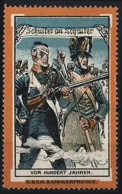 Reklamemarke Schulter an Schulter, Englische & Preussische Soldaten vor hundert Jahren im Kampf gegen Frankreich 1813