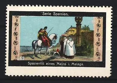 Reklamemarke Spanien, Spazierritt eines Majos in Malaga, Reiter zu Pferd
