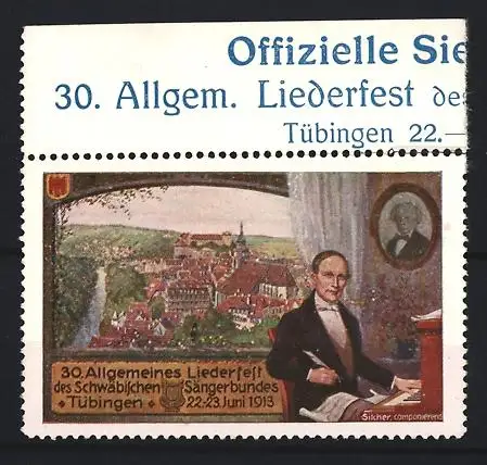 Reklamemarke Tübingen, 30. Allgem. Liederfest 1913, Stadtansicht - Komponist am Klavier