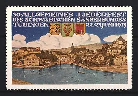 Reklamemarke Tübingen, 30. Allgemeines Liederfest 1913, Ortsansicht mit Wappen