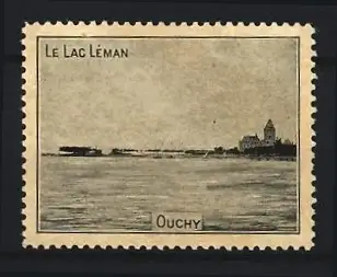 Reklamemarke Ouchy, Le Lac Léman, Seeansicht mit Gebäude am Ufer