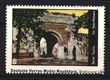 Reklamemarke Magdeburg, Deutsche Herren-Moden, Tor Bab-Menara in Tunis