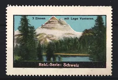 Reklamemarke Schweiz, 3 Zinnen mit Lago Vantorno, Berglandschaft mit See