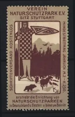 Reklamemarke Stuttgart, Verein Naturschutzpark, Ritter mit Schild und Waldszene