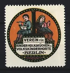 Reklamemarke Berlin, Verein für Kinder-Volksküchen, Kinder mit Buch und Essen