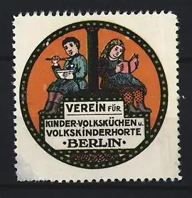 Reklamemarke Berlin, Verein für Kinder-Volksküchen u. Volkskinderhorte, Kinder beim Essen und Lesen