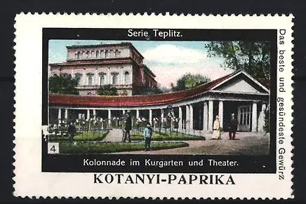 Reklamemarke Teplitz, Kolonnade im Kurgarten und Theater, Kotanyi-Paprika
