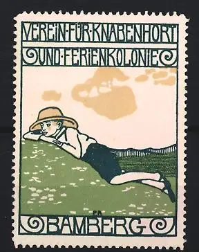 Reklamemarke Bamberg, Verein für Knabenhort und Ferienkolonie, Junge auf Wiese