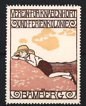 Reklamemarke Bamberg, Verein für Knabenhort und Ferienkolonie, Junge mit Hut auf Wiese