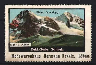 Reklamemarke Schweiz, Modewarenhaus Hermann Kraatz Löbau, Eiger und Mönch