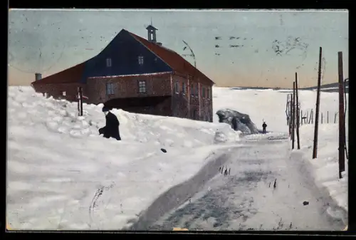 AK Oberwiesenthal, Neues Haus in verschneiter Umgebung