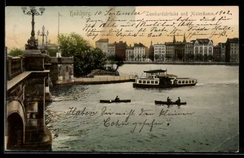 AK Hamburg, Lombardsbrücke und Alsterdamm mit Flussdampfern und Ruderbooten