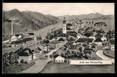 Künstler-AK Munderfing, Strassenpartie mit Kirche