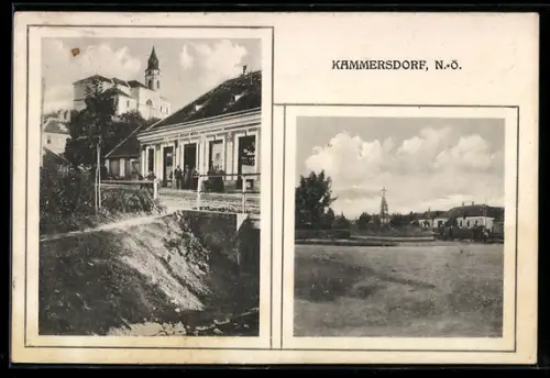 AK Kammersdorf /N.-Ö., Geschäft von Josef Müll, Strassenpartie mit Kirche
