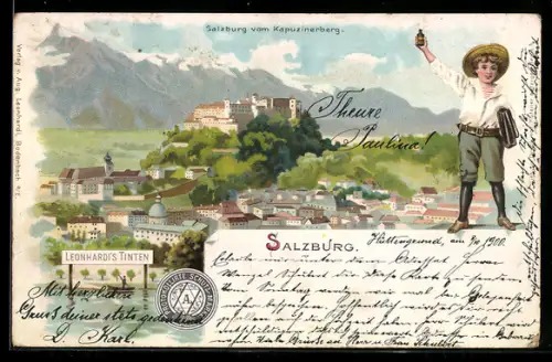 Lithographie Salzburg, Ortsansicht vom Kapuzinerberg mit Festung und Alpenpanorama