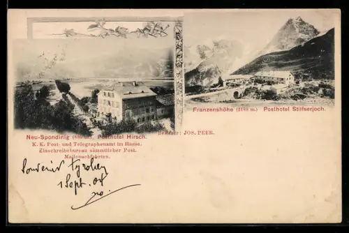 AK Schluderns, Neu-Sponding, Posthotel Hirsch, Franzenshöhe mit Posthotel Stilfserjoch