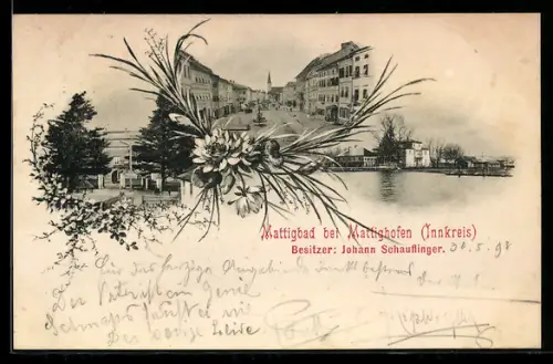 AK Mattighofen /Innkreis, Hotel Mattigbad, Strassenpartie mit Kirche