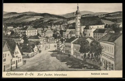 AK Offenhausen, Ortspanorama mit Kirche und Café