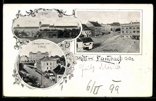 AK Lambach /O.-Oe., Sparkasse und Schule, Stift, Marktplatz