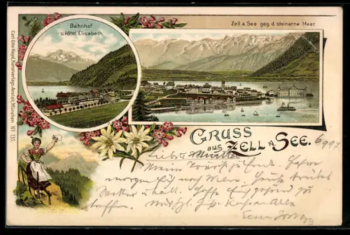Lithographie Zell a. See, Bahnhof und Hotel Elisabeth, Teilansicht gegen das steinerne Meer