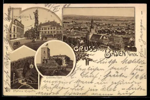 Lithographie Baden, Hauptplatz, Eisernes Tor, Totalansicht