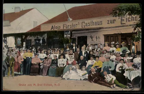 AK Maria Dreieichen /N.-Ö., Alois Försters Gasthaus zur Eiche mit festlicher Versammlung